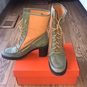 Army green and orange hunter boots.